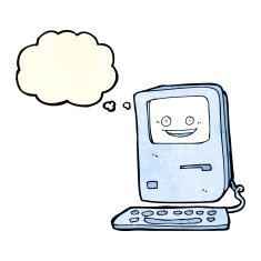 cartoon old computer with thought bubble N6
