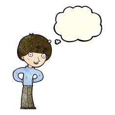 cartoon happy boy with hands on hips thought bubble N3