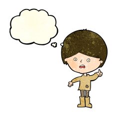 cartoon unhappy boy with thought bubble N16