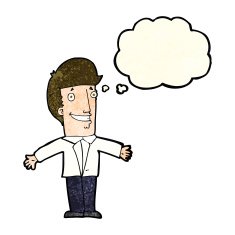 cartoon grining man with open arms thought bubble N3