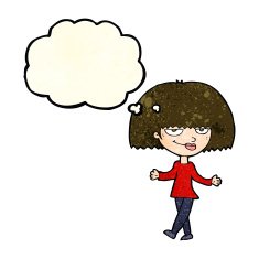 cartoon smug looking woman with thought bubble N4