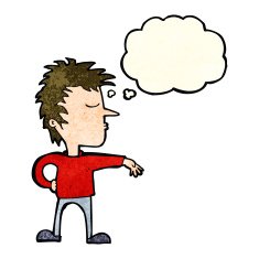 cartoon man making camp gesture with thought bubble N8