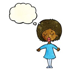 cartoon woman in dress with thought bubble N12