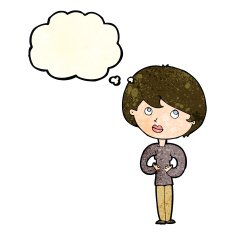 cartoon woman making Who Me? gesture with thought bubble N13