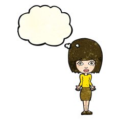 cartoon woman shrugging shoulders with thought bubble N142
