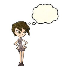 cartoon girl with hands on hips thought bubble N7