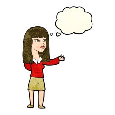 cartoon woman gesturing to show something with thought bubble N6
