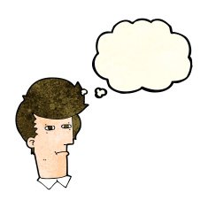 cartoon man narrowing eyes with thought bubble N14
