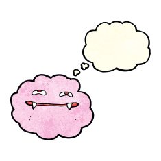 cartoon pink fluffy vampire cloud with thought bubble N2