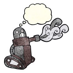 cartoon tank robot with thought bubble N3