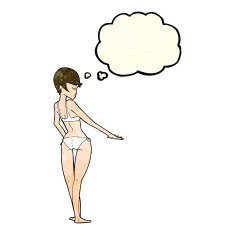 cartoon woman in bikini with thought bubble N16
