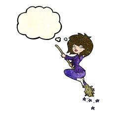 cartoon witch riding broomstick with thought bubble N6