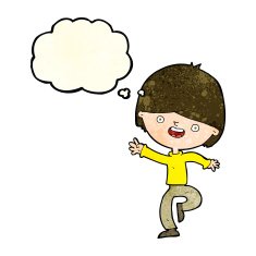 cartoon happy boy dancing with thought bubble N4