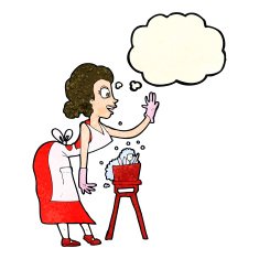 cartoon housewife washing up with thought bubble N3