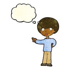 cartoon pointing boy with thought bubble N11