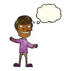 cartoon grinning man with thought bubble N29
