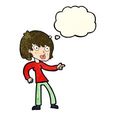 cartoon woman pointing with thought bubble N60
