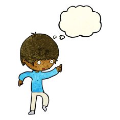 cartoon worried boy pointing with thought bubble N4