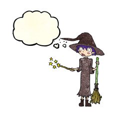 cartoon witch casting spell with thought bubble N8