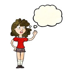 cartoon worried woman waving with thought bubble N5