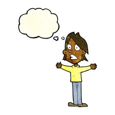 cartoon frightened man with thought bubble N30
