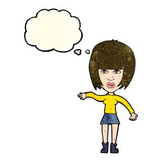 cartoon woman waving away with thought bubble N3