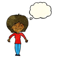 cartoon woman shrugging shoulders with thought bubble N144