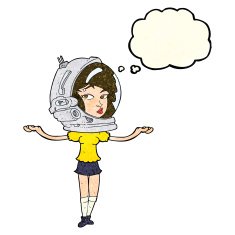 cartoon woman wearing space helmet with thought bubble N5