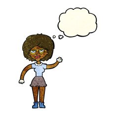 cartoon waving woman wearing spectacles with thought bubble N4