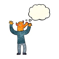 cartoon happy fox man with thought bubble N6