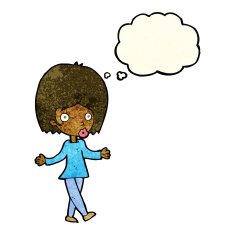 cartoon confused woman with thought bubble N24