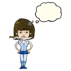 cartoon woman with knife between teeth thought bubble N13