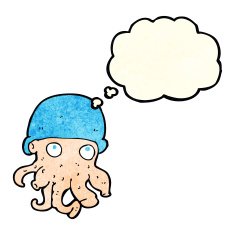 cartoon alien head wearing hat with thought bubble N4
