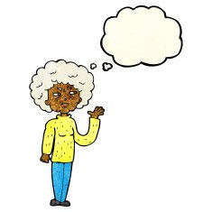 cartoon annoyed old woman waving with thought bubble N3