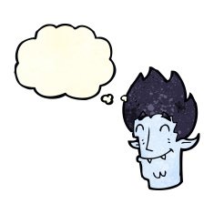 cartoon happy vampire head with thought bubble N4