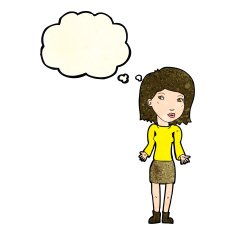 cartoon woman shrugging shoulders with thought bubble N149