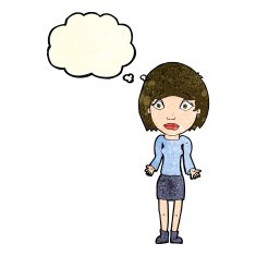 cartoon woman shrugging shoulders with thought bubble N150