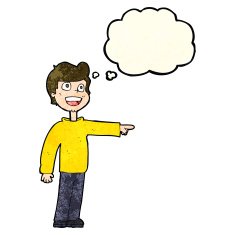 cartoon man pointing and laughing with thought bubble N10