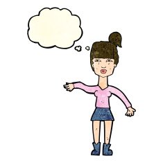 cartoon woman making dismissive gesture with thought bubble N8
