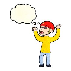 cartoon security man panicking with thought bubble N3