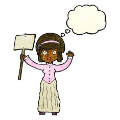 cartoon Victorian woman protesting with thought bubble N2