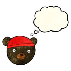 cartoon black bear cub wearing hat with thought bubble N2