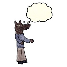 cartoon wolf man with thought bubble N15