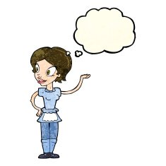 cartoon woman in maid costume with thought bubble N3