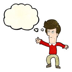 cartoon man waving with thought bubble N8