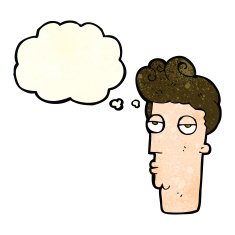 cartoon bored man's face with thought bubble N3