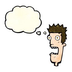 cartoon shocked man's face with thought bubble N4