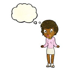 cartoon woman shrugging shoulders with thought bubble N155