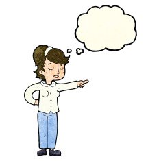 cartoon friendly woman pointing with thought bubble N3