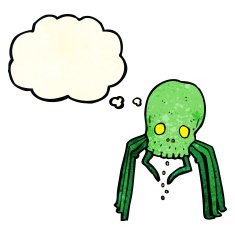 cartoon spooky skull spider with thought bubble N4
